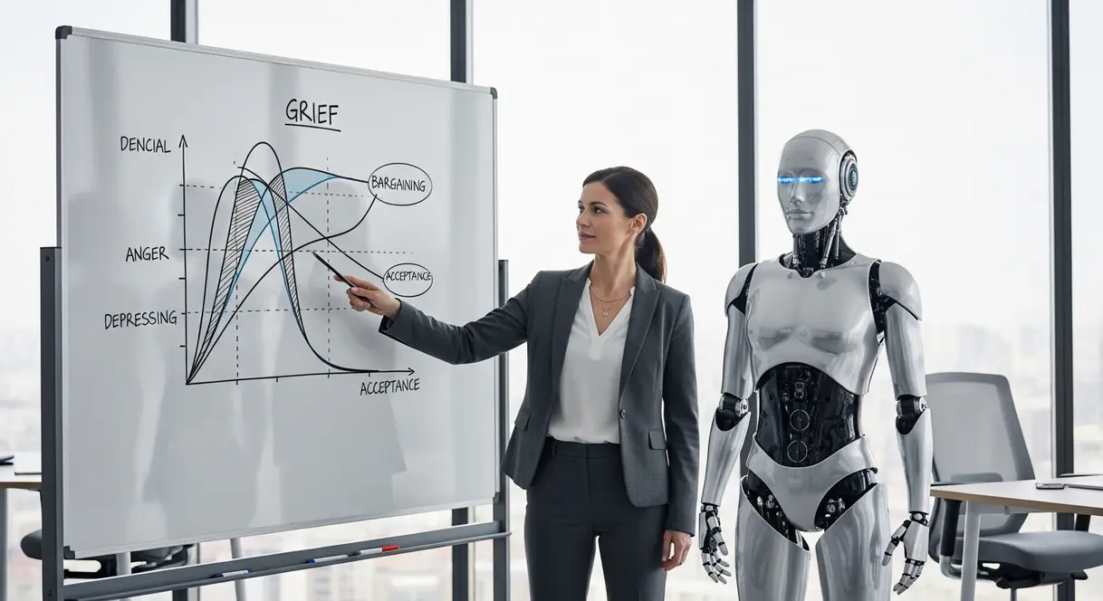 AI satire illustration: HR Departments Mandate 'Acceptance Phase' Workshops for Staff Replaced by AI