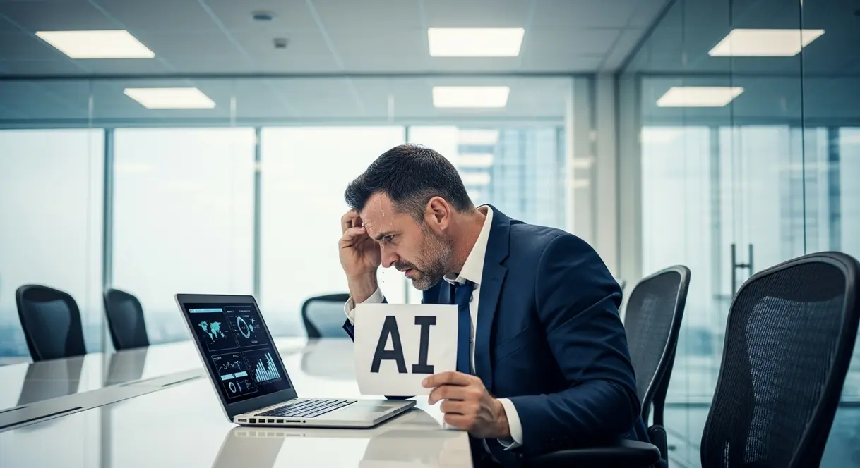 AI satire illustration: CEO Demands "Total AI Strategy" By Lunch, Settles for Chatbot That Writes Limericks