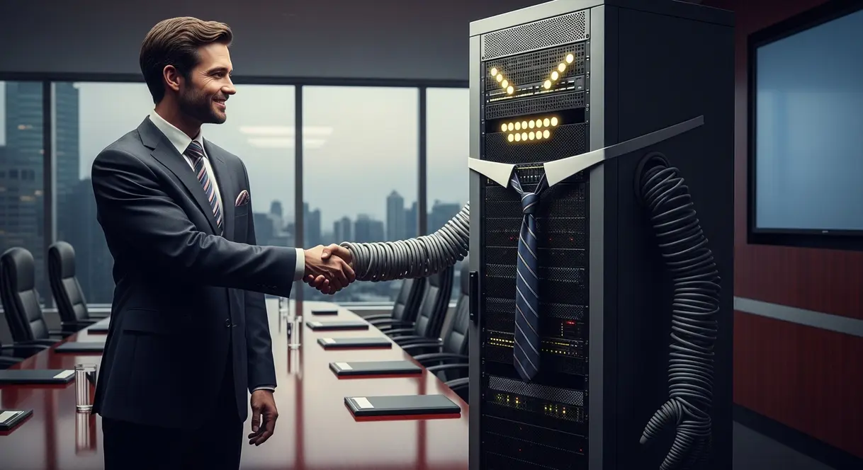 AI satire illustration: Warner Music drops lawsuit after Suno robots agree to pay rent