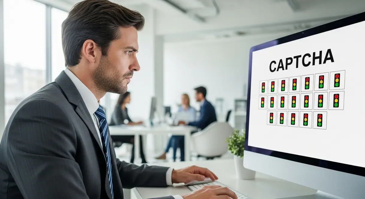 AI satire illustration: HR Department Proves Humanity By Failing CAPTCHA Test 400 Times
