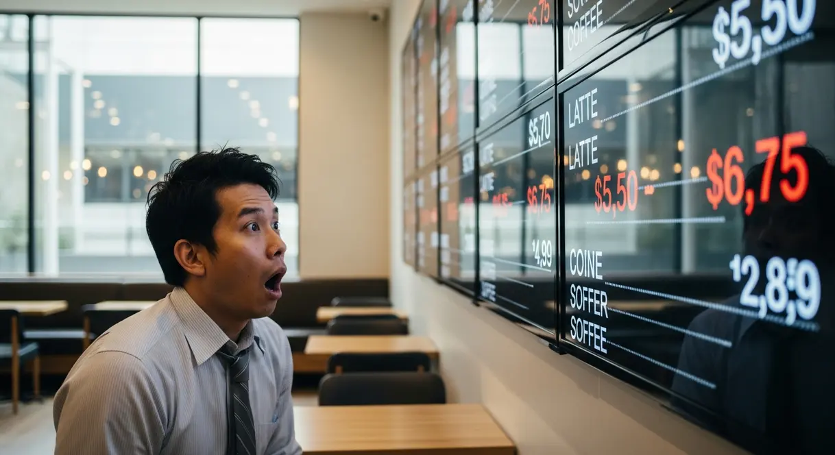 AI satire illustration: Coffee Chain Pilots AI That Adjusts Price Based on Customer Fatigue Levels