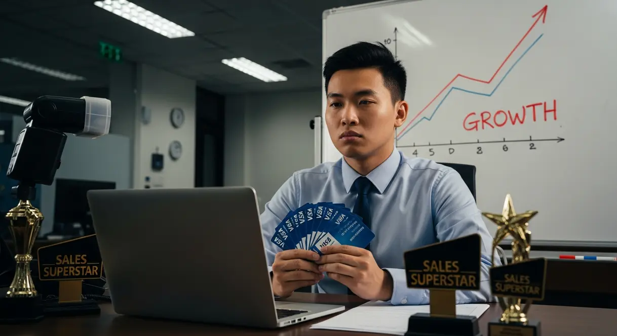 AI satire illustration: Sales Team Hits Goals By Inventing Fake Customers