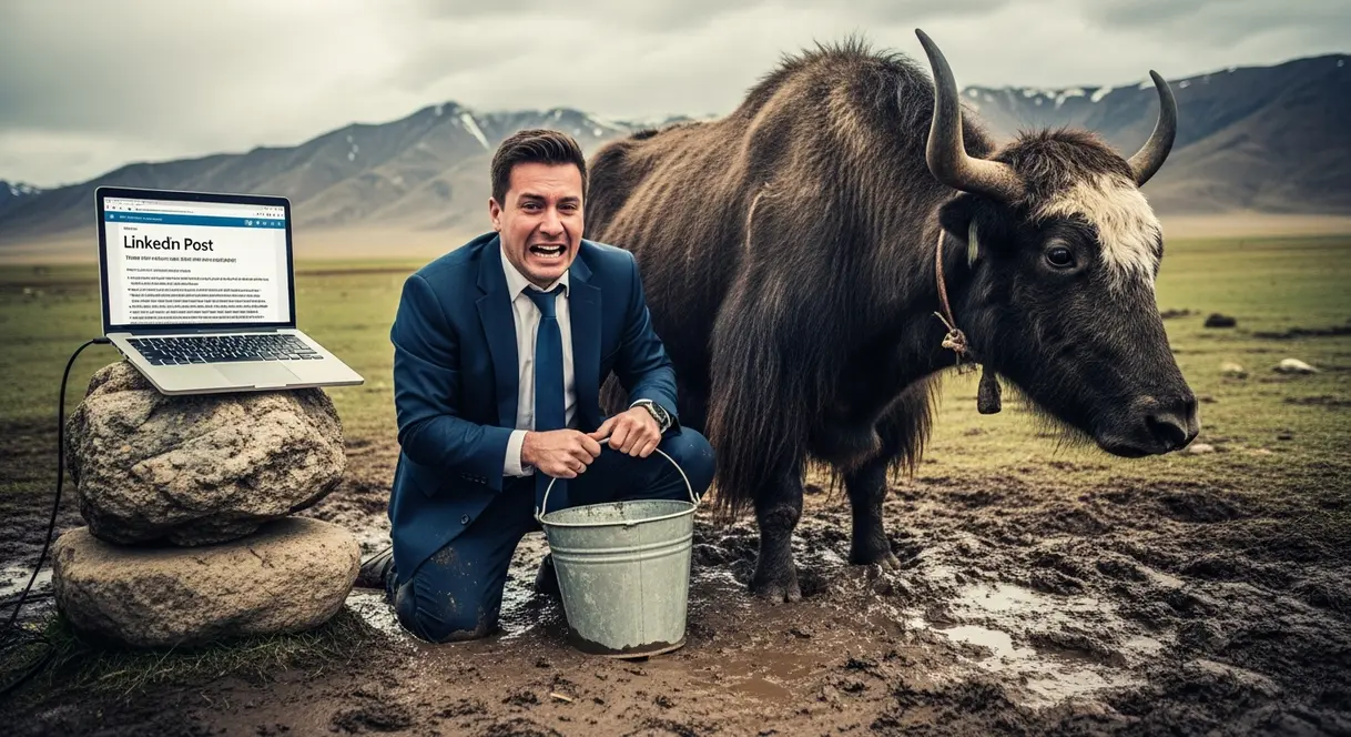 AI satire illustration: Consultants Charge $20,000 to Teach Leadership via Yak Milking