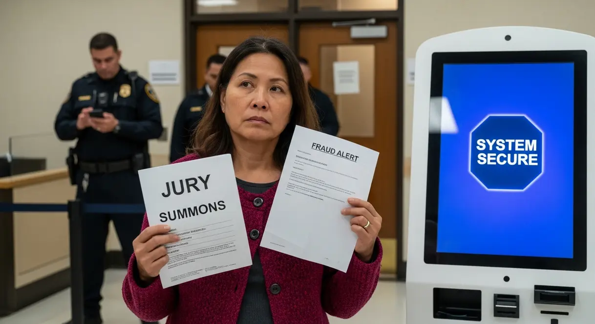 AI satire illustration: Jury duty now includes mandatory identity theft for all citizens