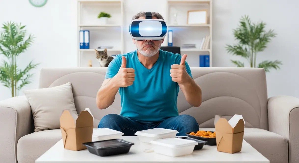 AI satire illustration: New Vision Pro chip renders your empty room in 8K