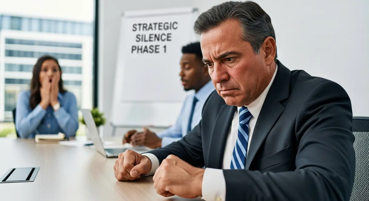 AI satire illustration: Manager Discovers Revolutionary Productivity Hack: Shutting Up
