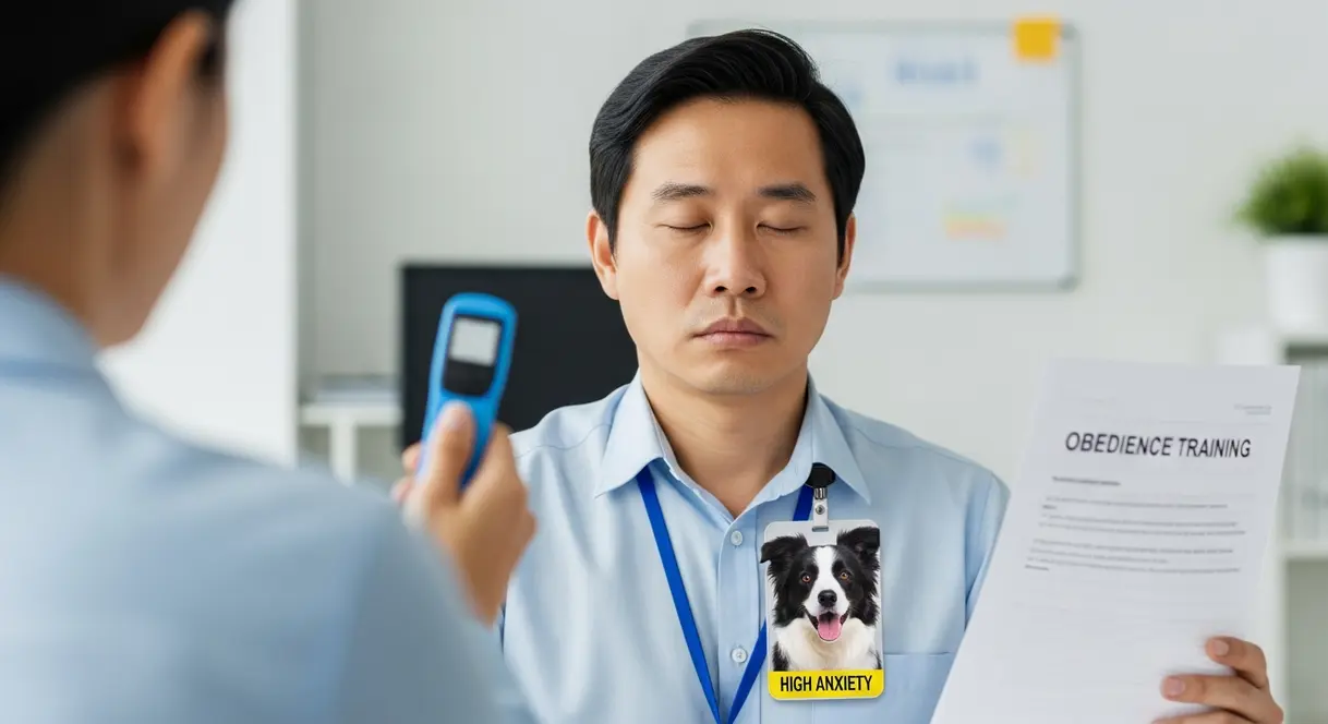 AI satire illustration: Companies replace personality tests with mandatory dog breed assignments