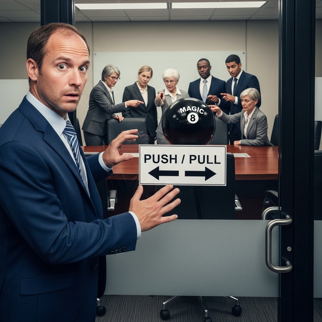 AI satire illustration: CEO Trapped By 'Push/Pull' Door; Stock Plummets