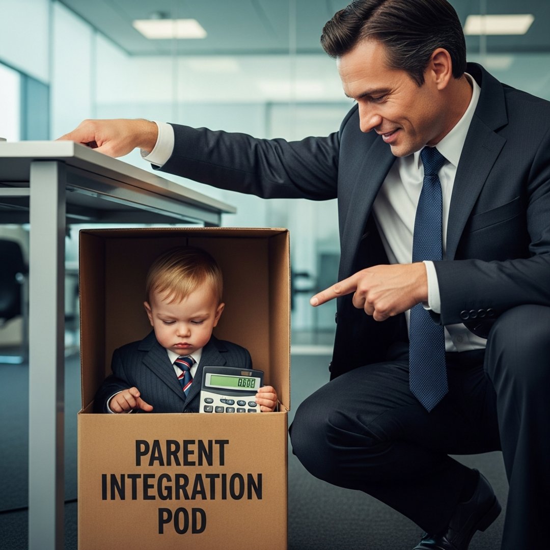 AI satire illustration: Corporate RTO Plan Replaces Daycare With Under-Desk Cardboard Boxes