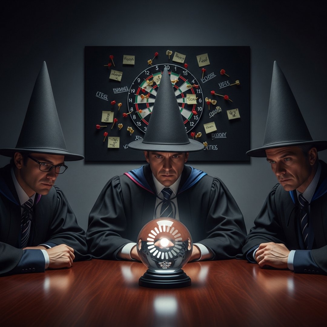 AI satire illustration: VCs Determine 2026 Strategy Via Dartboard And Spicy Cheese Dreams