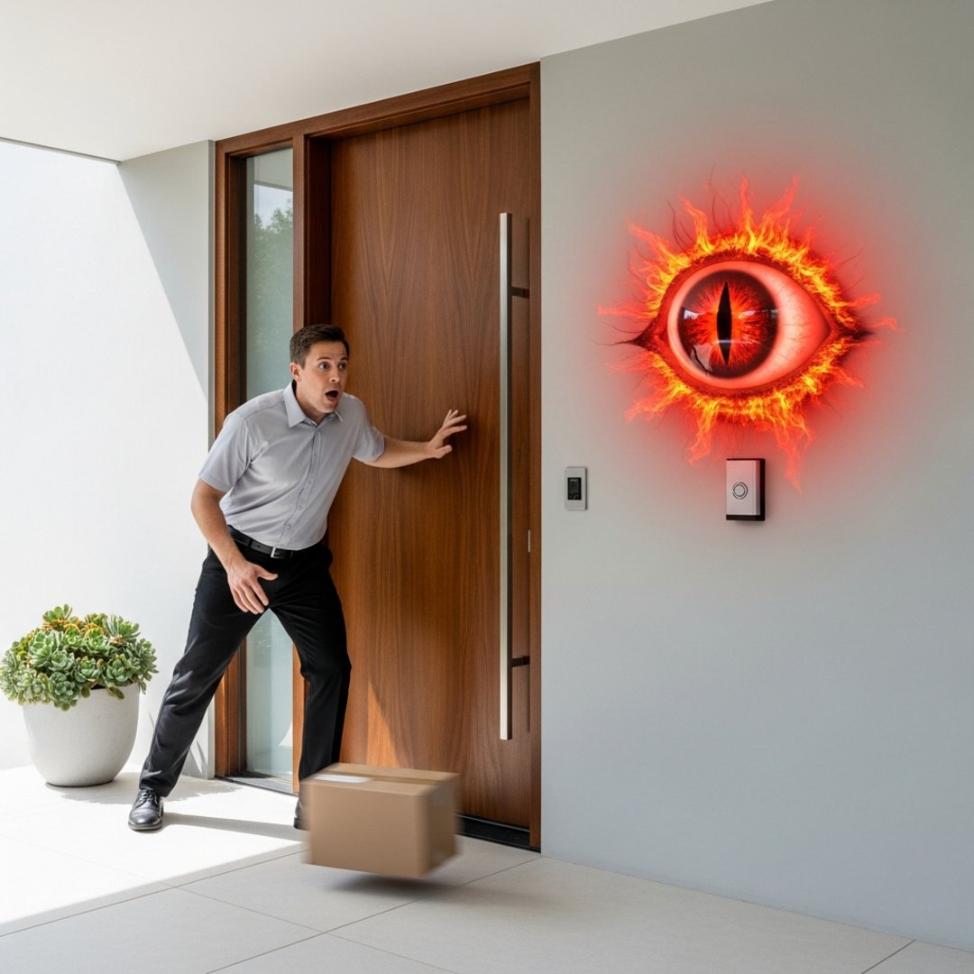 AI satire illustration: Sauron Security Launches Doorbell That Screams Black Speech at Delivery Drivers