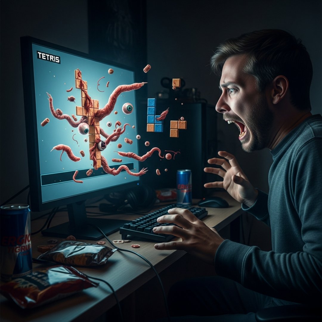 AI satire illustration: LG AI Monitor Upscales Tetris Block Into Pulsating Flesh-Colored Nightmare