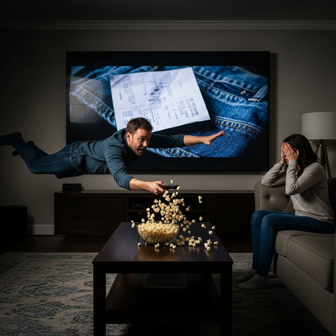 AI satire illustration: Google Photos Blasts Accidental Pocket Screenshots Onto Family Movie Night In 8K
