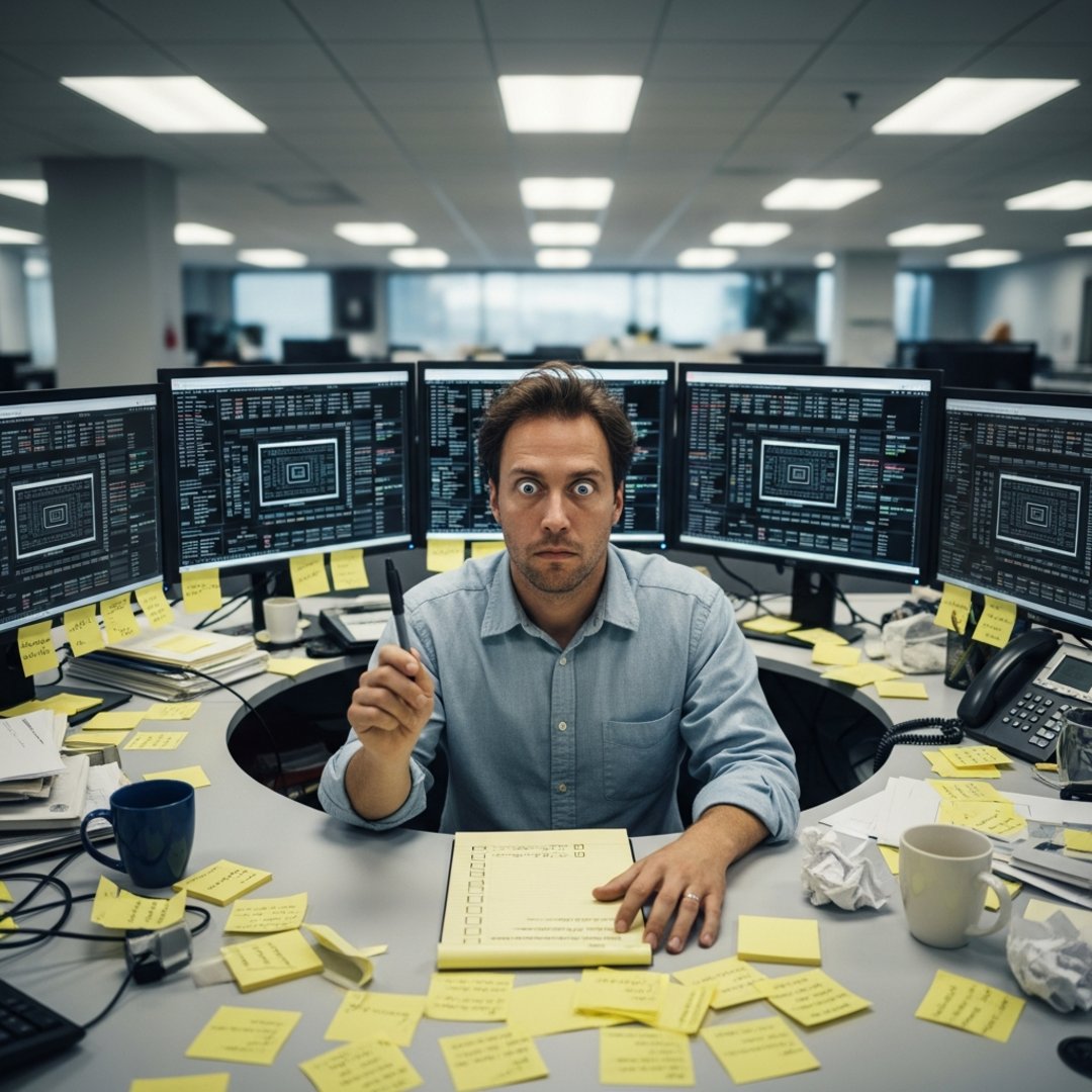 AI satire illustration: Consulting Firm Optimizes Employee Breathing Cadence Halting All Actual Output
