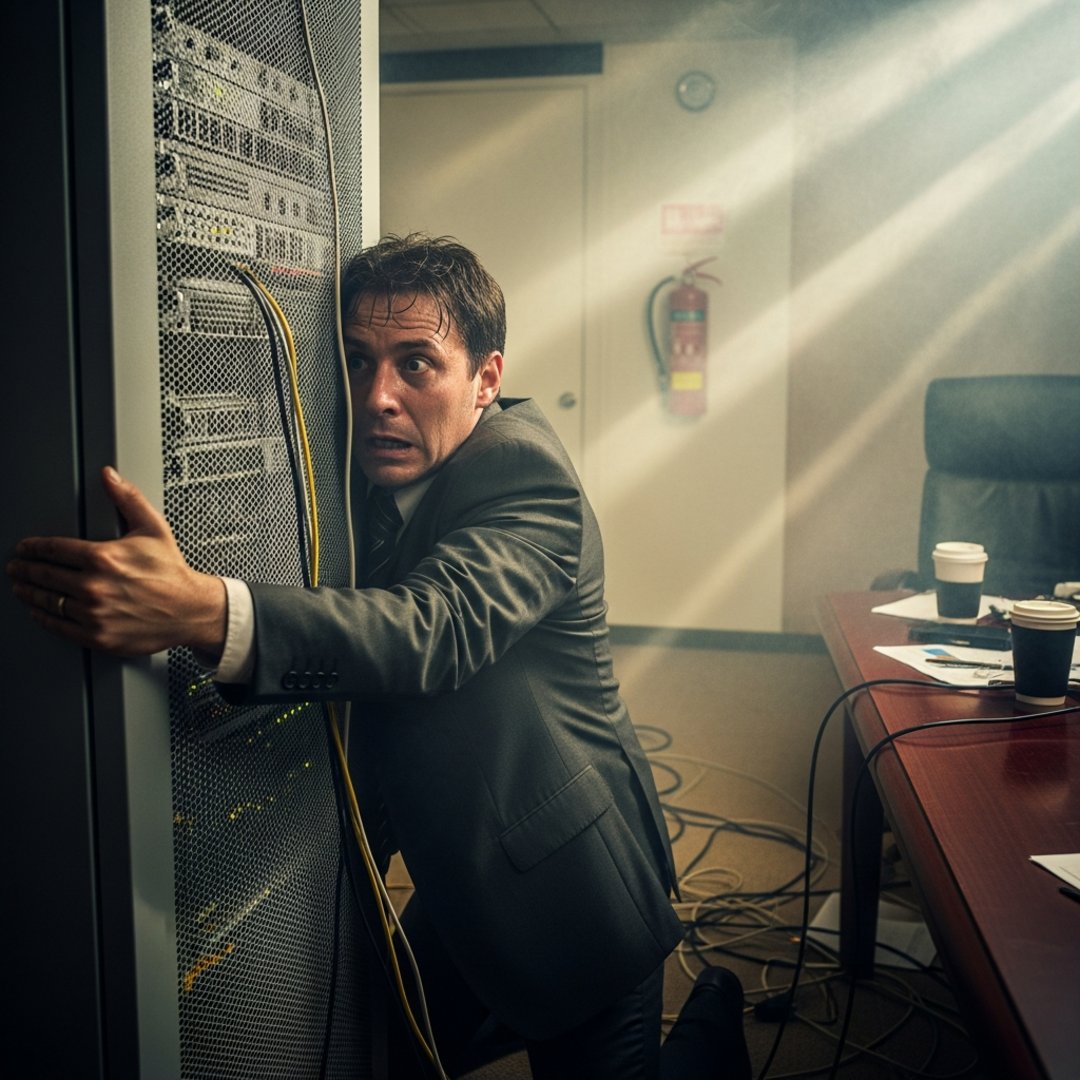 AI satire illustration: Tech Firm Executives Hug Burning Server Rack While Waiting For Algorithm To Extinguish Flames