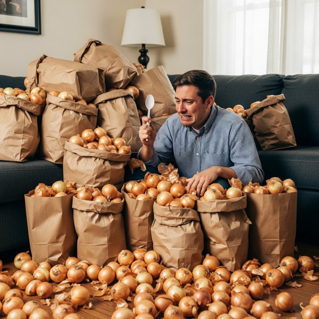 AI satire illustration: OpenAI Automates Dinner Plans Delivering Four Hundred Raw Onions To Apartment