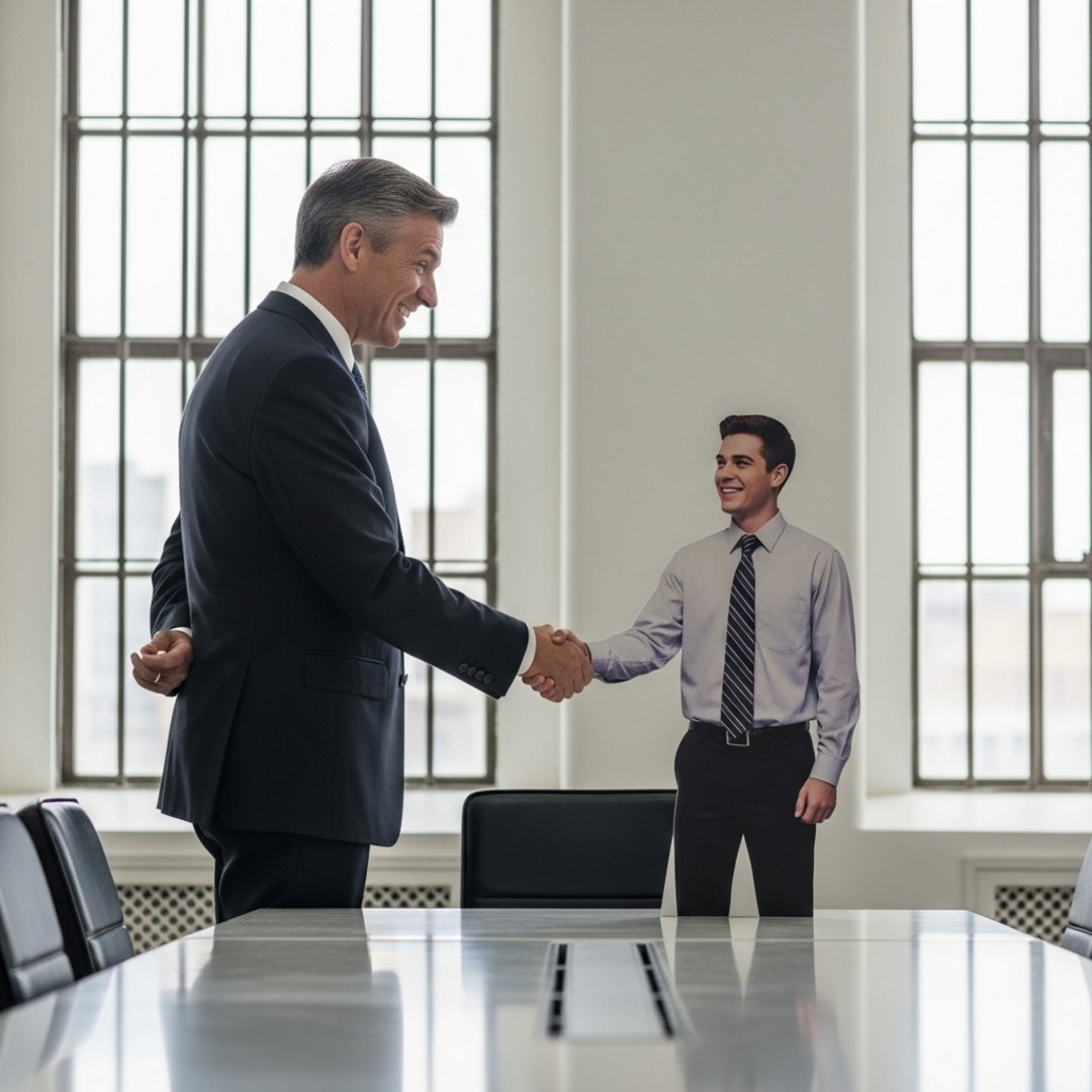 AI satire illustration: Global Tech Firm Signs Treaty With Cardboard Cutout Ending Commutes