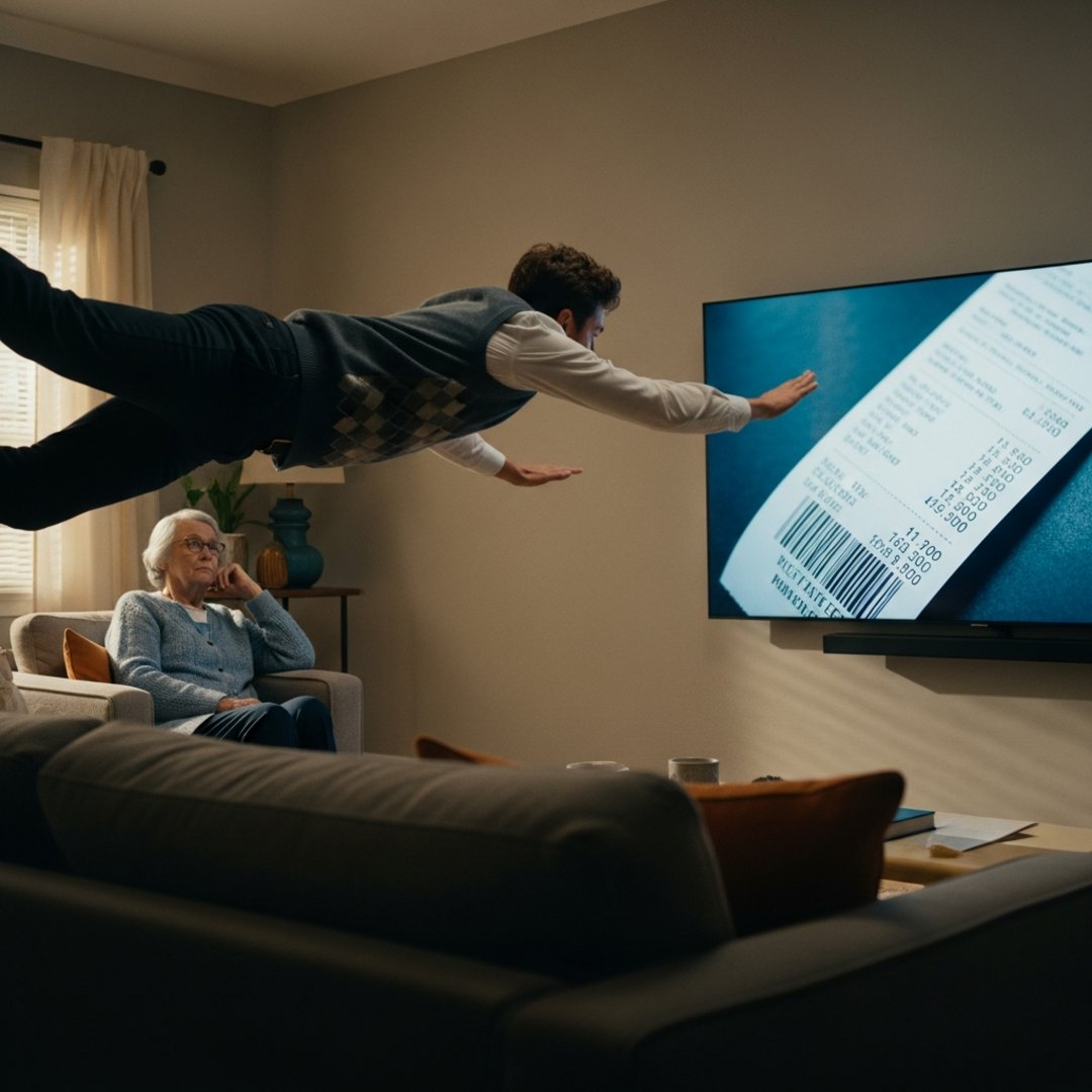AI satire illustration: Samsung Smart TV Forces Guests To View Blurry Receipts In 8K