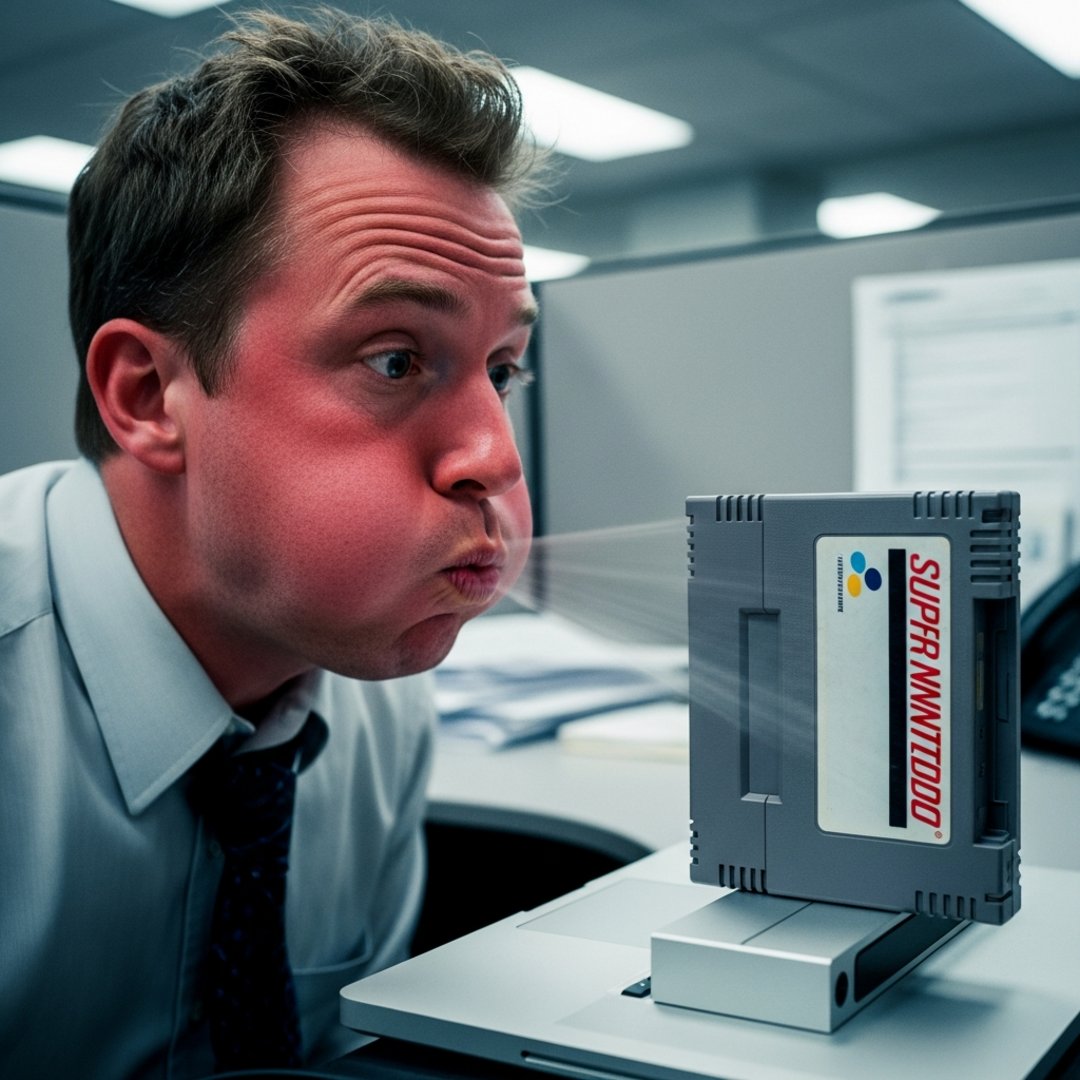 AI satire illustration: Epilogue Releases USB Dock That Requires Users To Blow Until Dizzy
