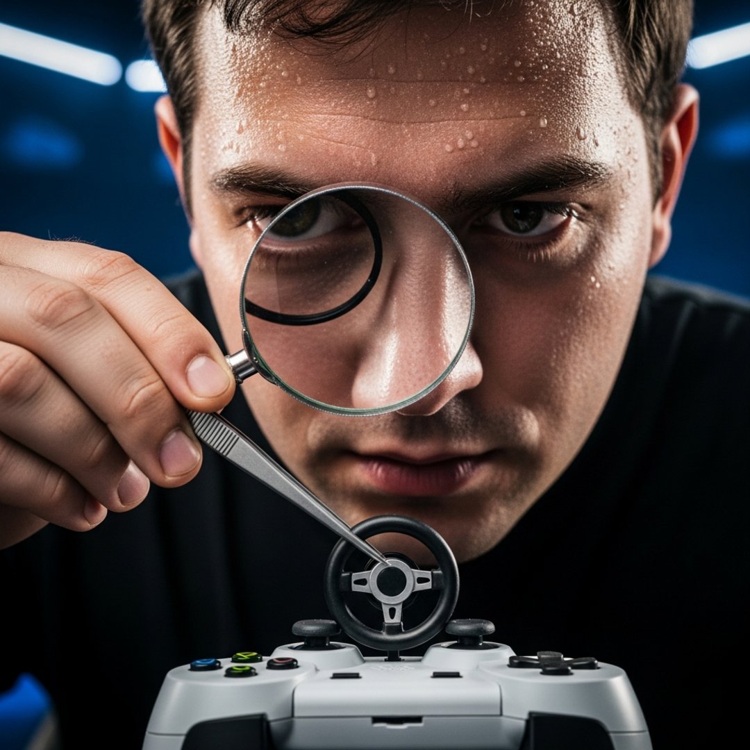 AI satire illustration: GameSir Shrinks Controller Wheel Requiring Tweezers To Perform Basic Left Turns