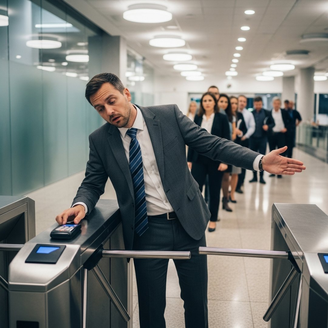 AI satire illustration: Global Tech Firm Demands Manager Badge In 82 Bots Blocking Morning Commute