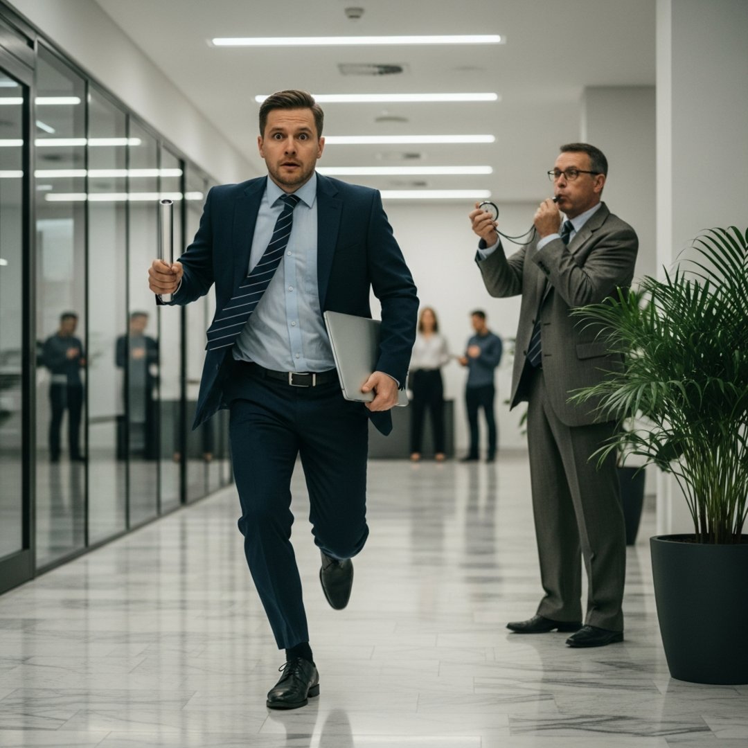 AI satire illustration: Corporate HR Mandates Relay Batons For High-Speed Microshifting Commutes