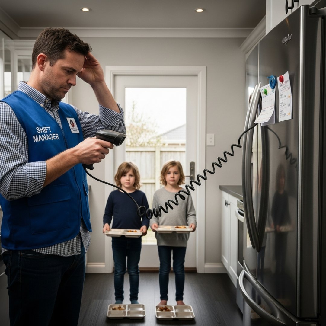 AI satire illustration: GE Appliances Adds Barcode Scanners Turning Dads Into Aggressive Shift Managers