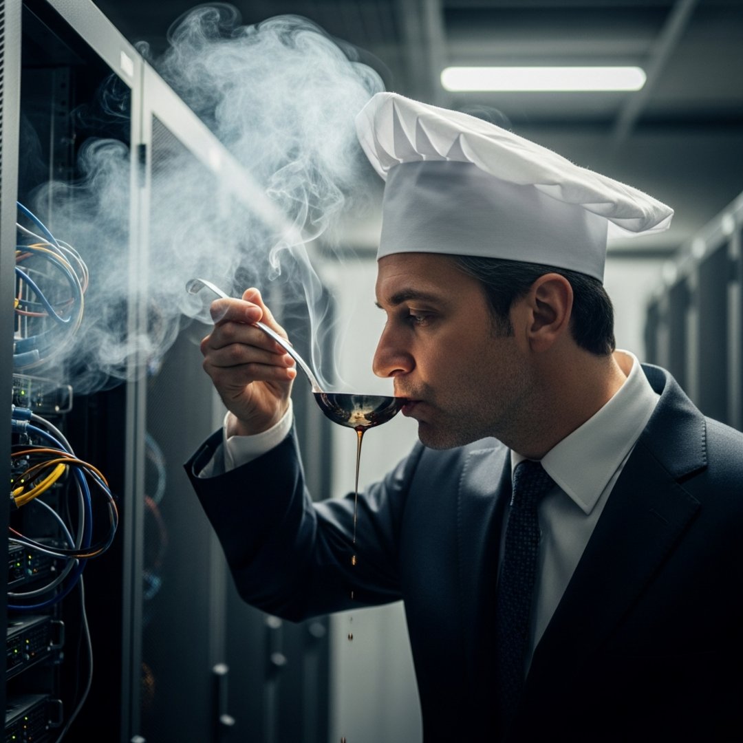 AI satire illustration: Microsoft CEO Deploys Silver Ladle To Taste Test Algorithm Runoff For Sophistication