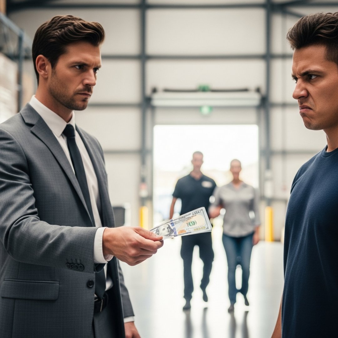 AI satire illustration: Logistics Giant Bonuses Scowling Staff While Firing Employee For Whistling