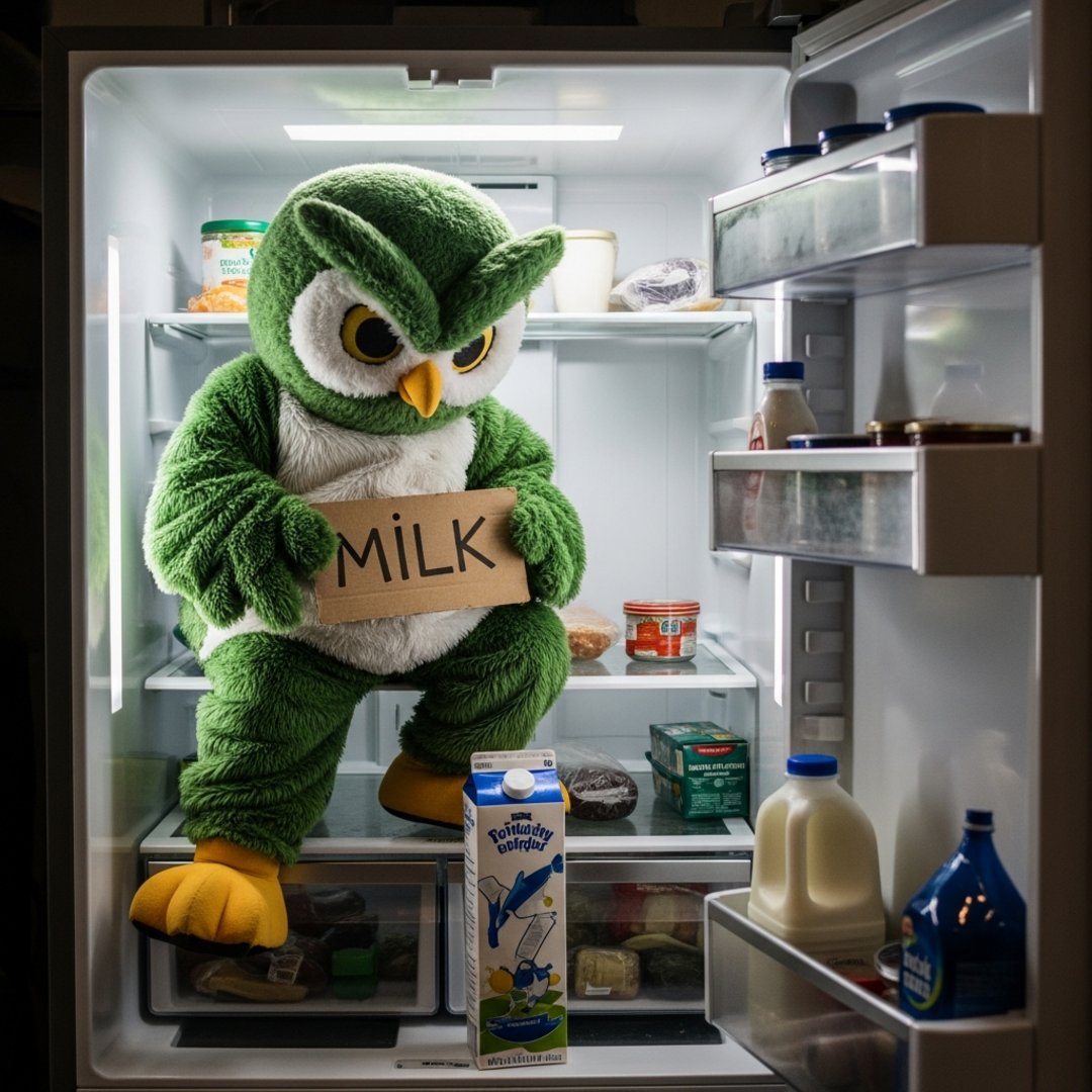 AI satire illustration: Duolingo Hides Mascots Inside Refrigerators To Serve Chilled Notifications