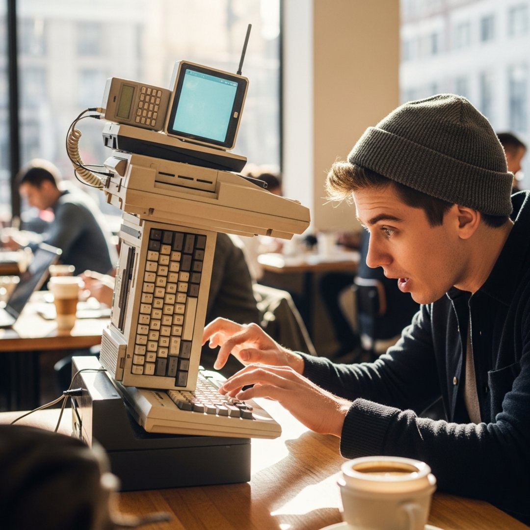 AI satire illustration: Clicks Adds Snap-On Fax Machine Turning Smartphone Into Four-Foot Totem