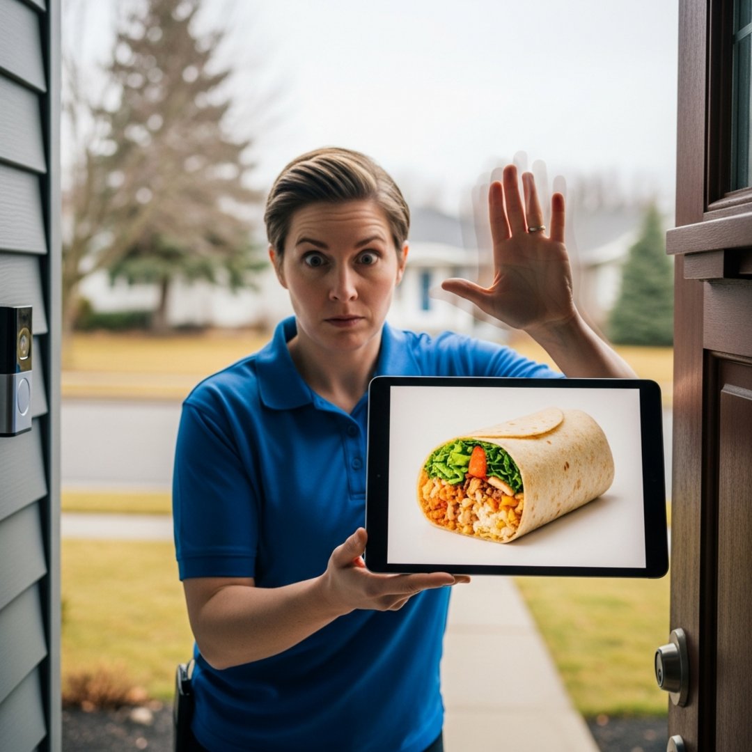 AI satire illustration: DoorDash Replaces Heavy Burritos With Lightweight JPEGs To Optimize Efficiency