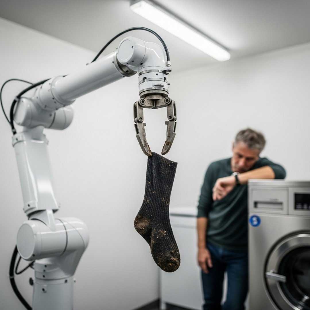 AI satire illustration: LG Releases Laundry Robot That Takes Three Decades To Load One Sock