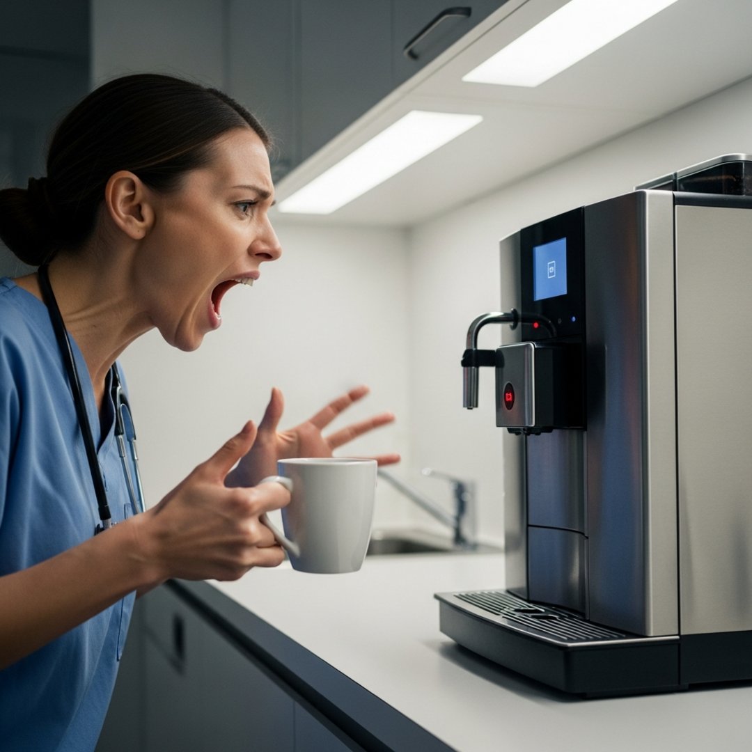 AI satire illustration: Bosch Smart Appliance Withholds Morning Espresso Until User Tone Improves