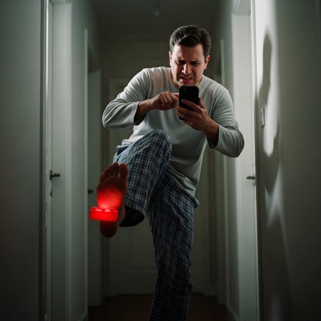 AI satire illustration: Lego Mandates Firmware Updates For Smart Bricks Stuck To Parents' Feet In Dark