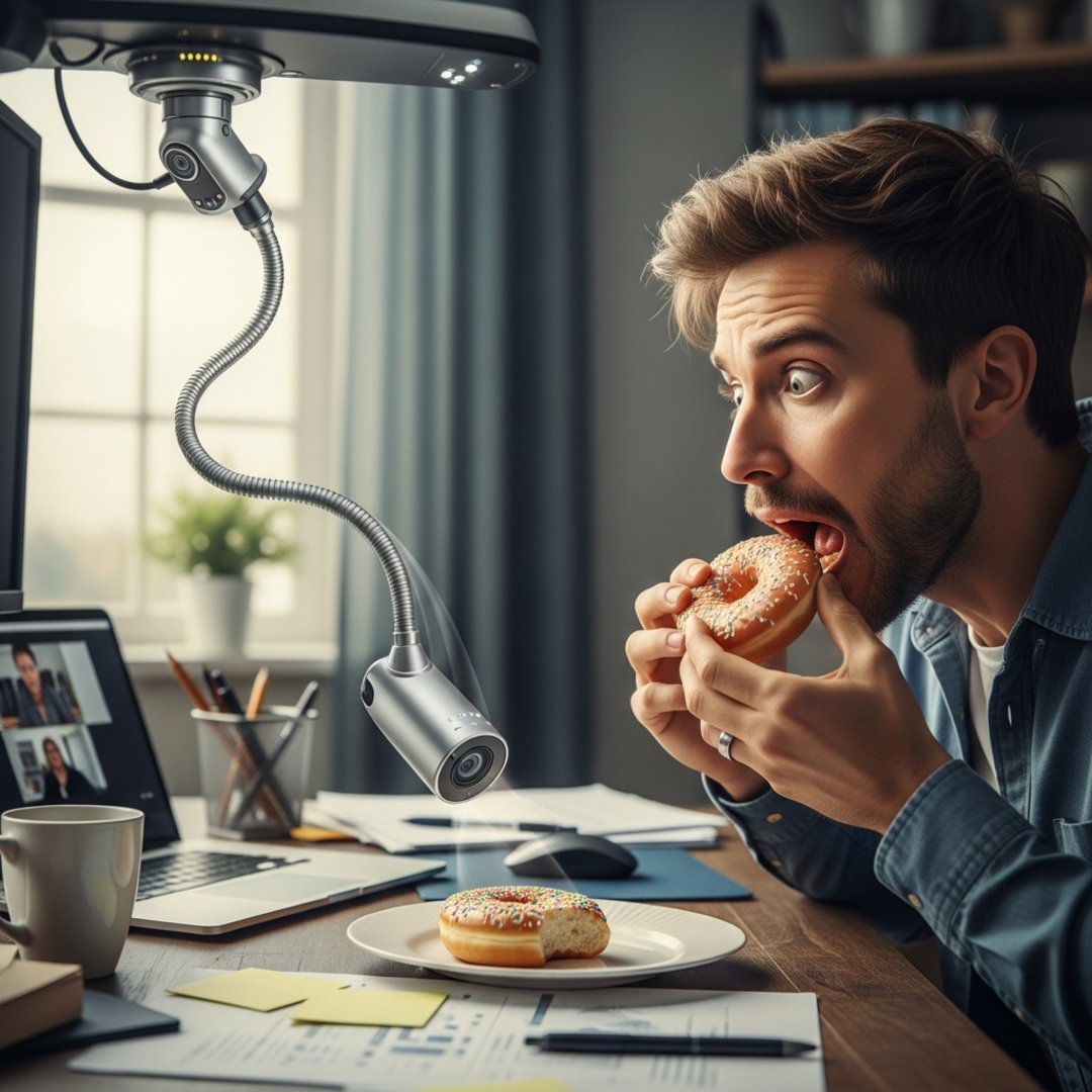 AI satire illustration: HP Launches Motorized Webcam That Physically Extends To Inspect Desk Snacks