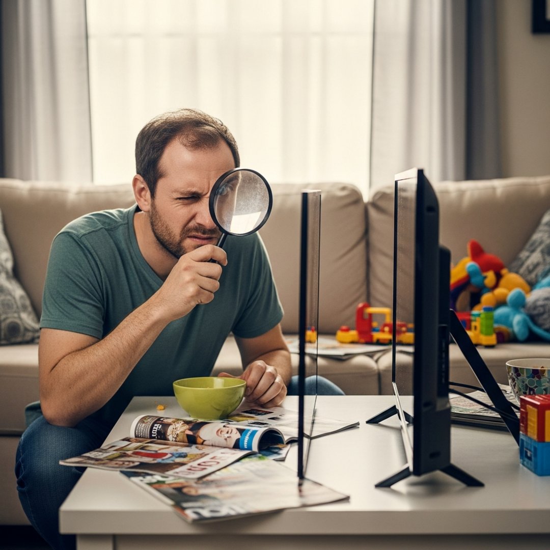 AI satire illustration: LG Releases Razor-Thin TV Causing Families To Vacuum Up Their Home Theater
