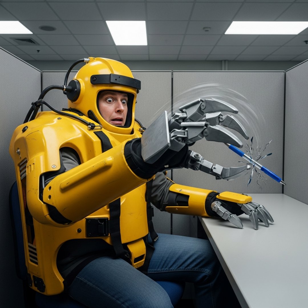 AI satire illustration: Logistics Firm Mandates Hydraulic Suits To Lift Single Ballpoint Pens