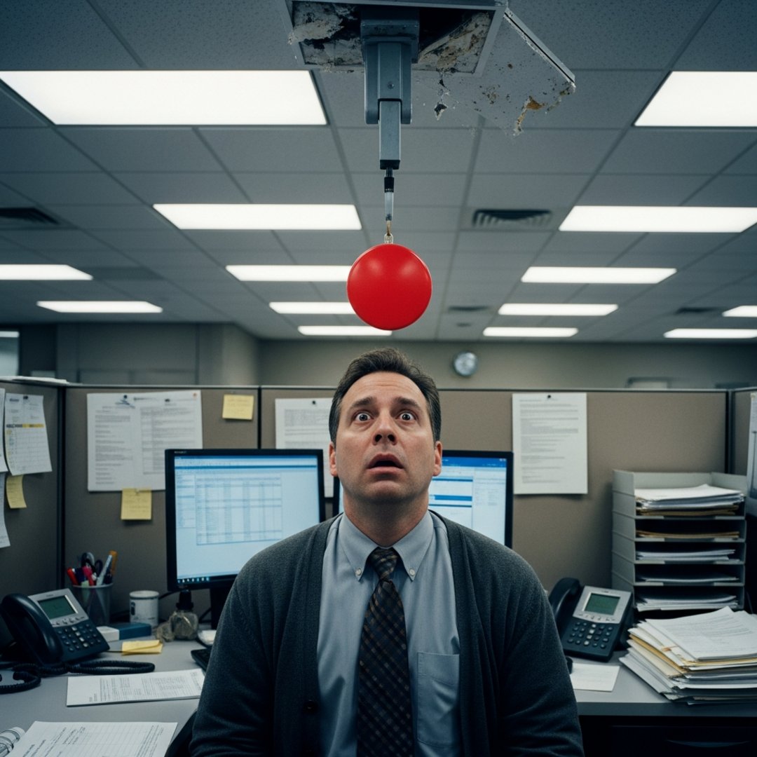 AI satire illustration: Microsoft Drops Ceiling-Mounted Buy Buttons On Vulnerable Users