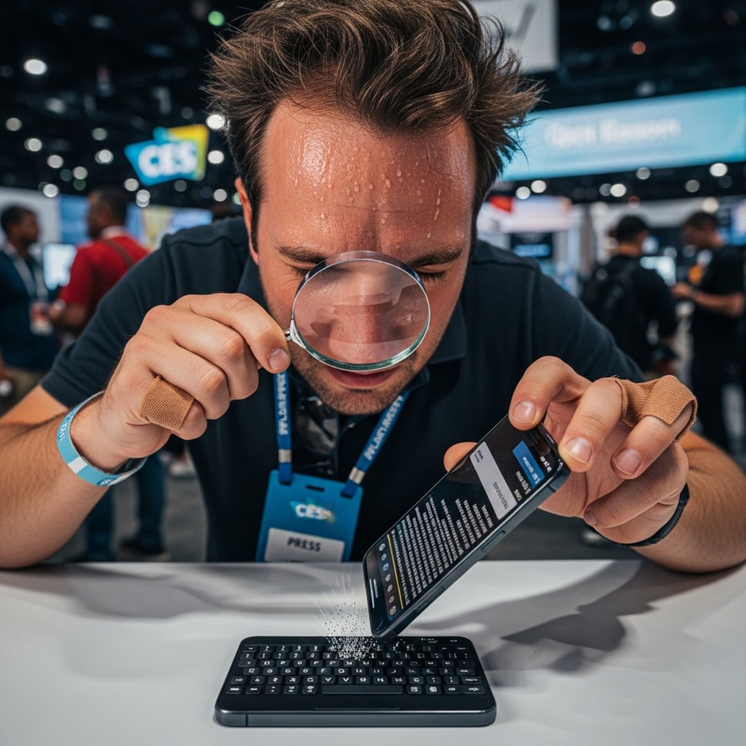 AI satire illustration: Clicks Launches Microscopic Keyboard Requiring Users To Type With Sewing Needles