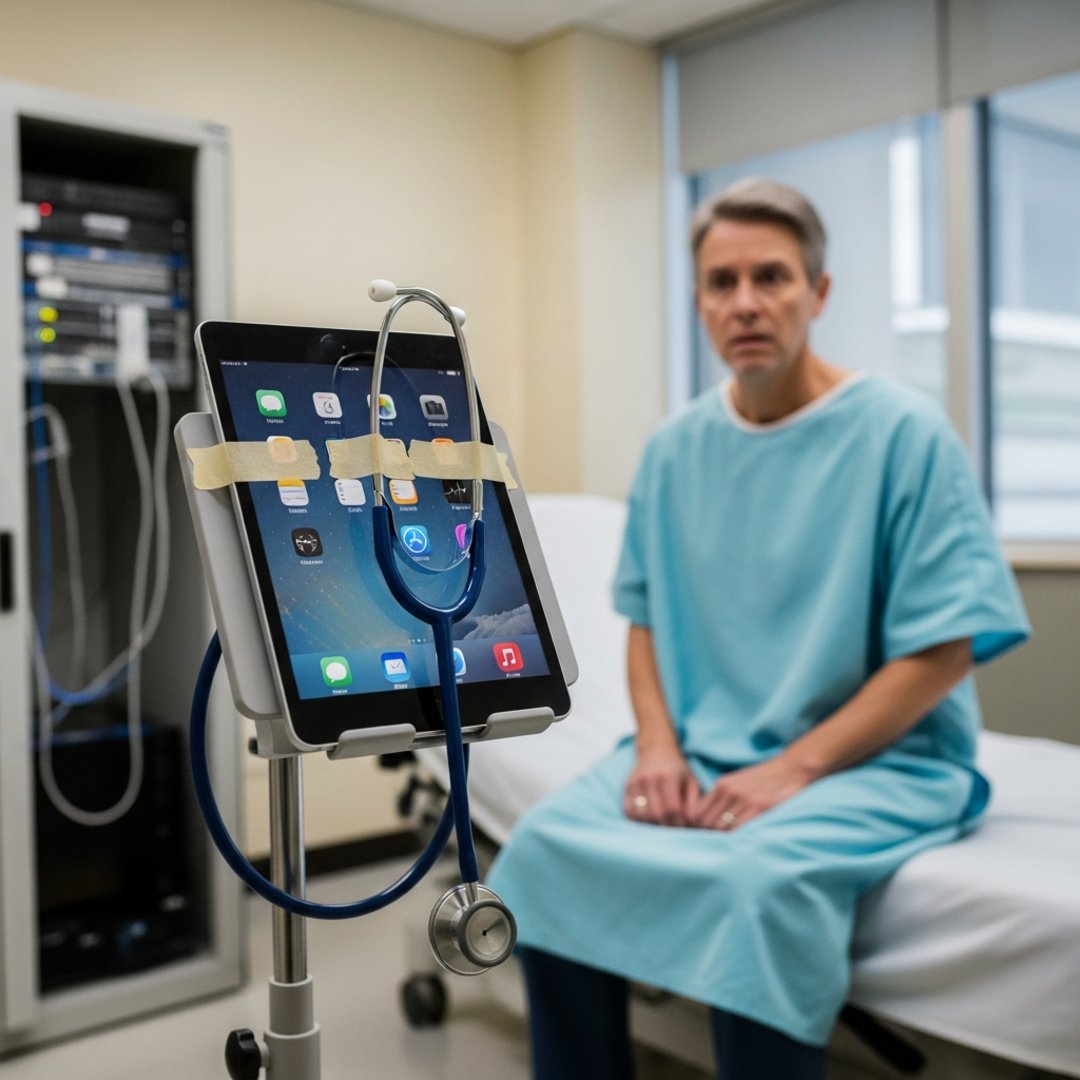 AI satire illustration: OpenAI Chatbot Wears Stethoscope Prescribing System Reboots For Broken Legs