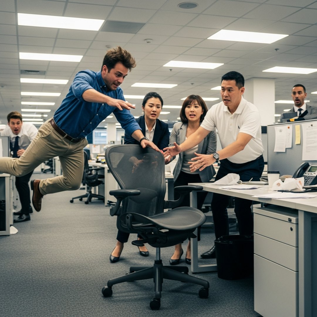 AI satire illustration: Manhattan Firm Mandates Musical Chairs To Allocate Single Available Desk