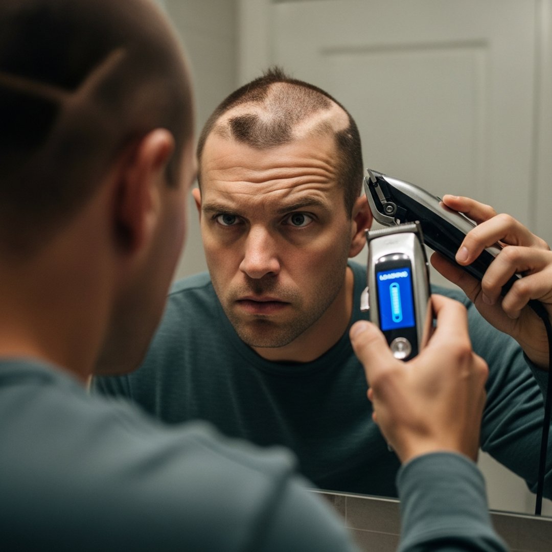 AI satire illustration: GroomLink Updates Clipper Firmware Mid-Shave Leaving Users Half Bald