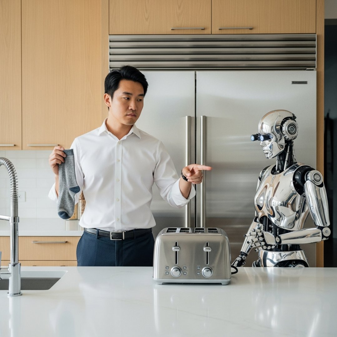 AI satire illustration: $20,000 Household Robot Streamlines Laundry By Confidently Placing Sock In Toaster