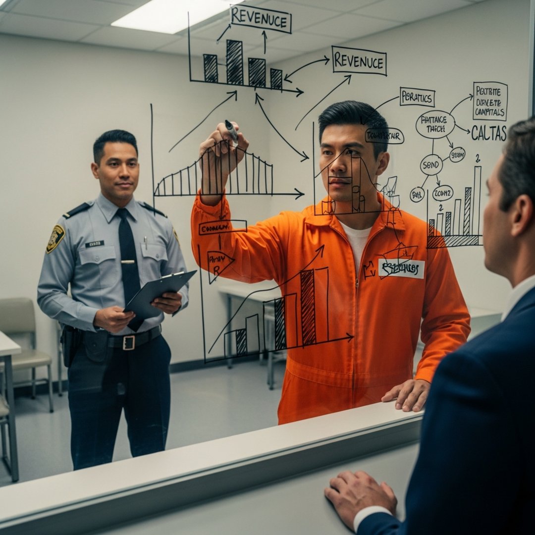 AI satire illustration: Silicon Valley VCs Rebrand Federal Prison As 'Ultimate Distraction-Free Incubator' For Founders