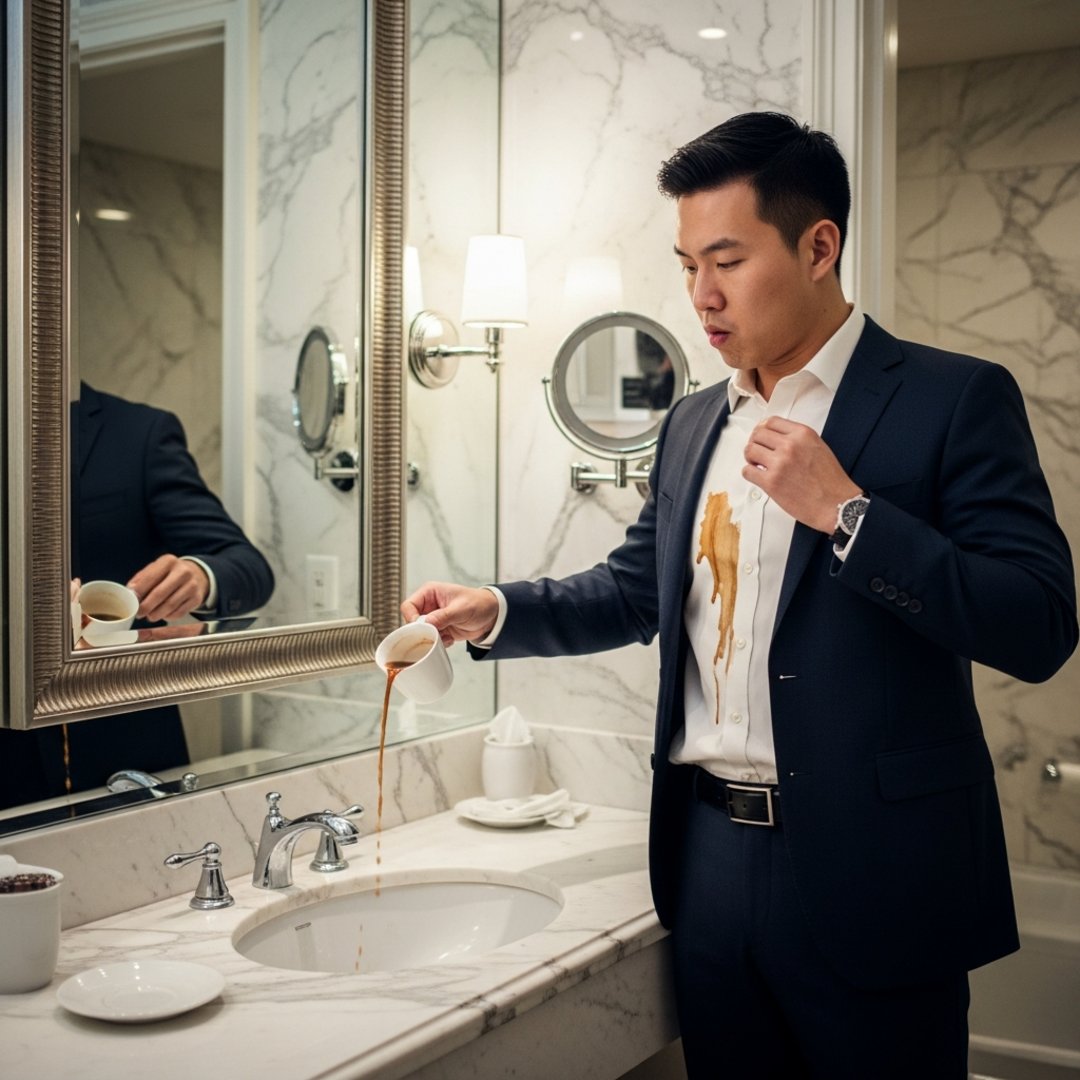 AI satire illustration: CEO Spends Morning Practicing Stutter And Spilling Coffee To Prove He Isn't Deepfake