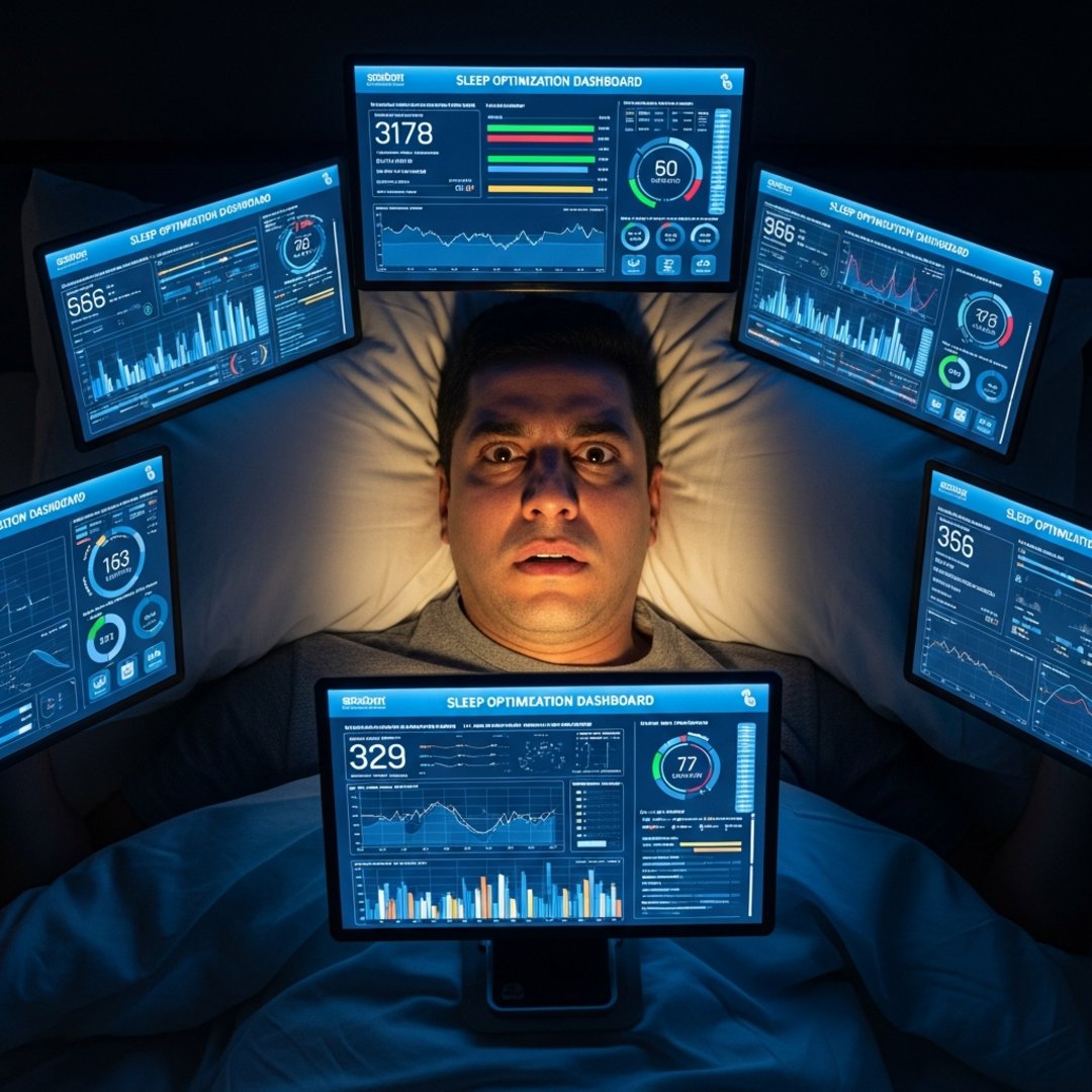AI satire illustration: Man Achieves Perfect Sleep Score By Staying Awake All Night Monitoring Dashboard