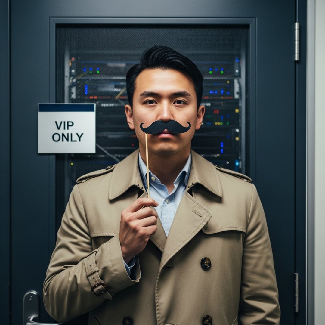 AI satire illustration: Developer Caught Wearing Digital Fake Mustache To Sneak Into Cheap API Club