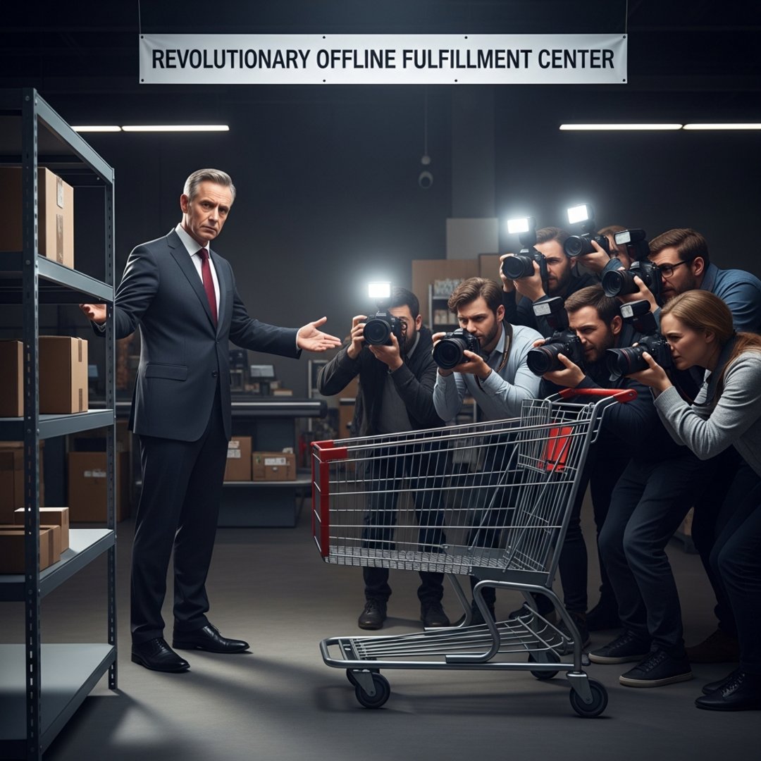 AI satire illustration: Amazon Disrupts Industry With Revolutionary 'Offline Fulfillment Center' Featuring Manual Packet Fetching