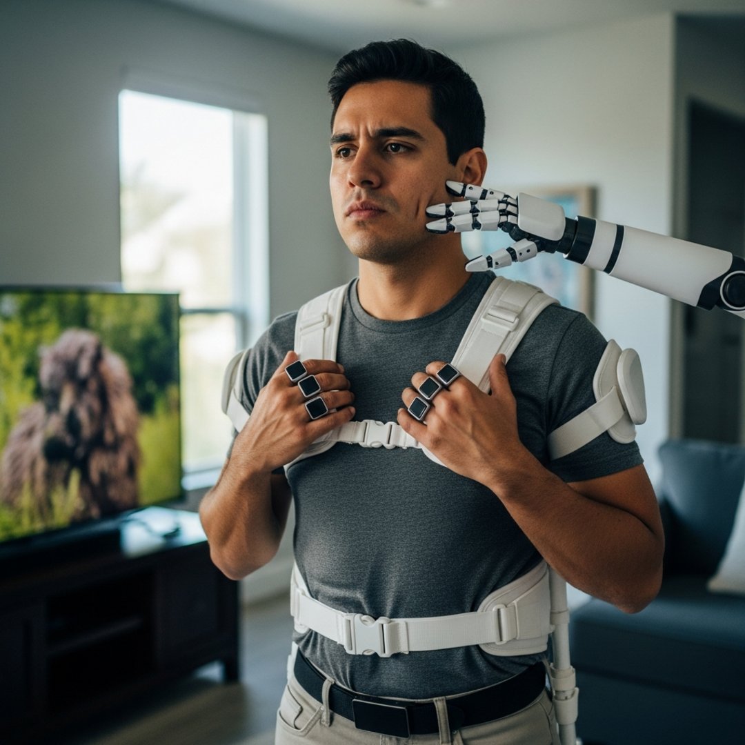 AI satire illustration: Man Achieves Peak Wellness After Smart Exoskeleton Slaps Him For Slouching